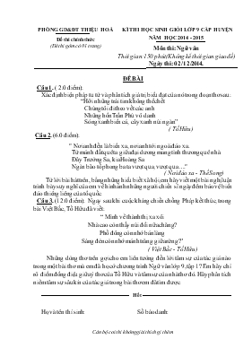 Kì thi học sinh giỏi lớp 9 cấp huyện năm học 2014 - 2015 môn thi Ngữ Văn
